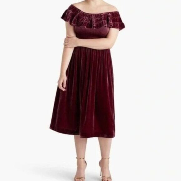 Hill House The Akilah Nap Velvet Silk Midi Ruffle Holiday Dress Burgundy S - Picture 1 of 8
